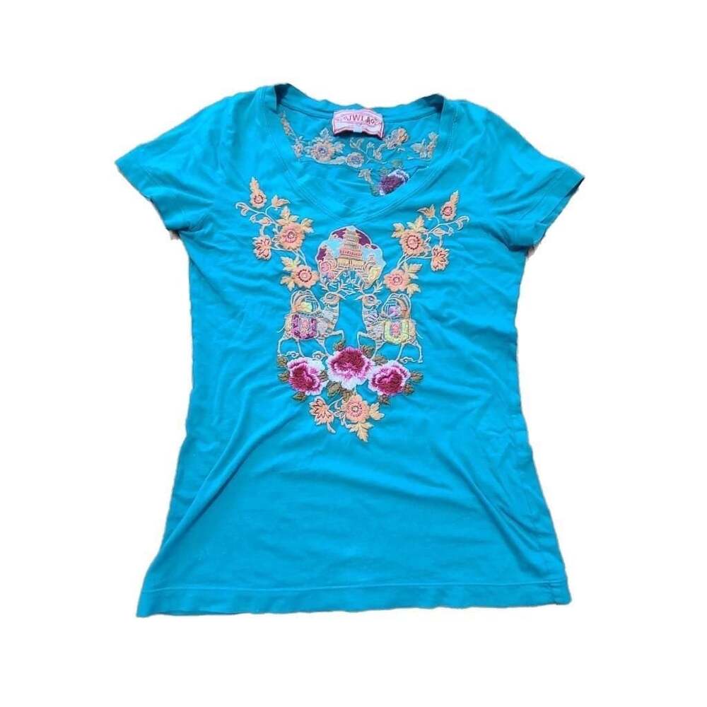 Johnny Was JWLA Embroidered Floral Blouse S Blue V-Neck Short Sleeve Top Shirt